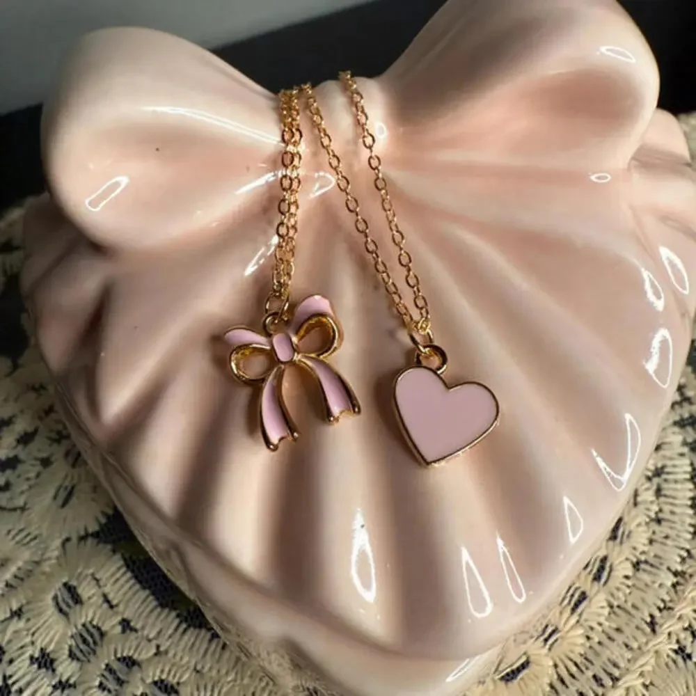Gold Tone Pink Enamel Bow Heart Charm Layering Necklace Set NWT